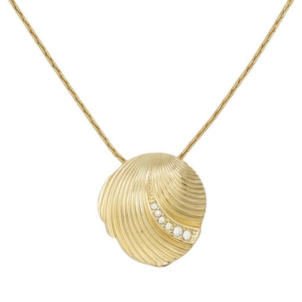 CHRISTIAN DIOR Vintage 80’s Modernist Shell Pendant W/ Crystals Gold Necklace